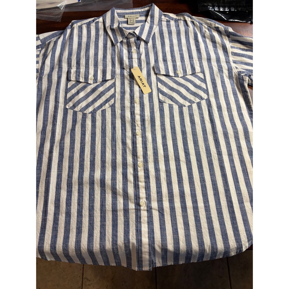 Ariat Womens Blue White Striped Button Down Shirt XL Long Sleeve Pockets New